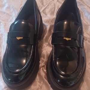 Zara Black Patent Loafers with Gold Accent